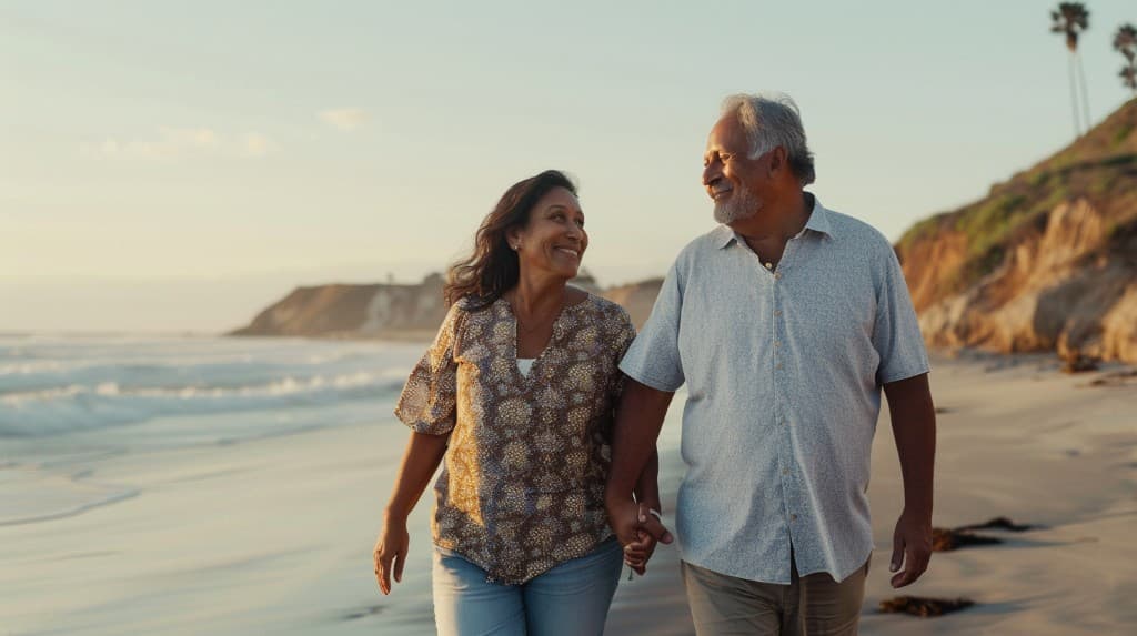 Pareja caminando en la playa — vitalidad y bienestar